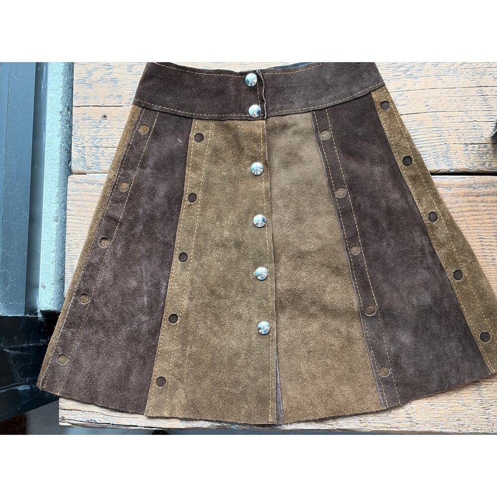 Vintage 1970s Brown Suede Patchwork Snap Front A-Line Mini Skirt